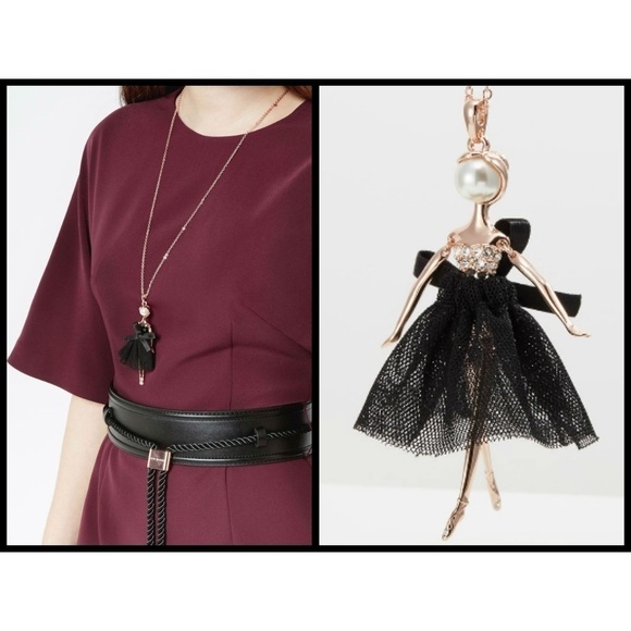 💕TED BAKER💕 Bijou Pave Ballerina Pendant Necklace Black Rose Gold CrystalNWT